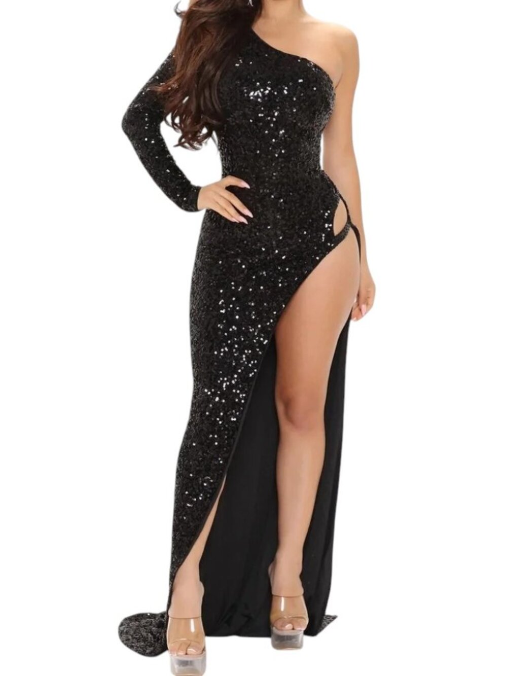 Fashion Nova Black Sequin One Shoulder Formal Maxi Dress Size Large